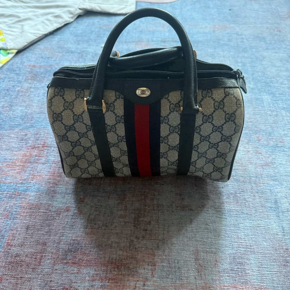 Gucci Monogram Canvas Handbag with Red and Blue Stripe
